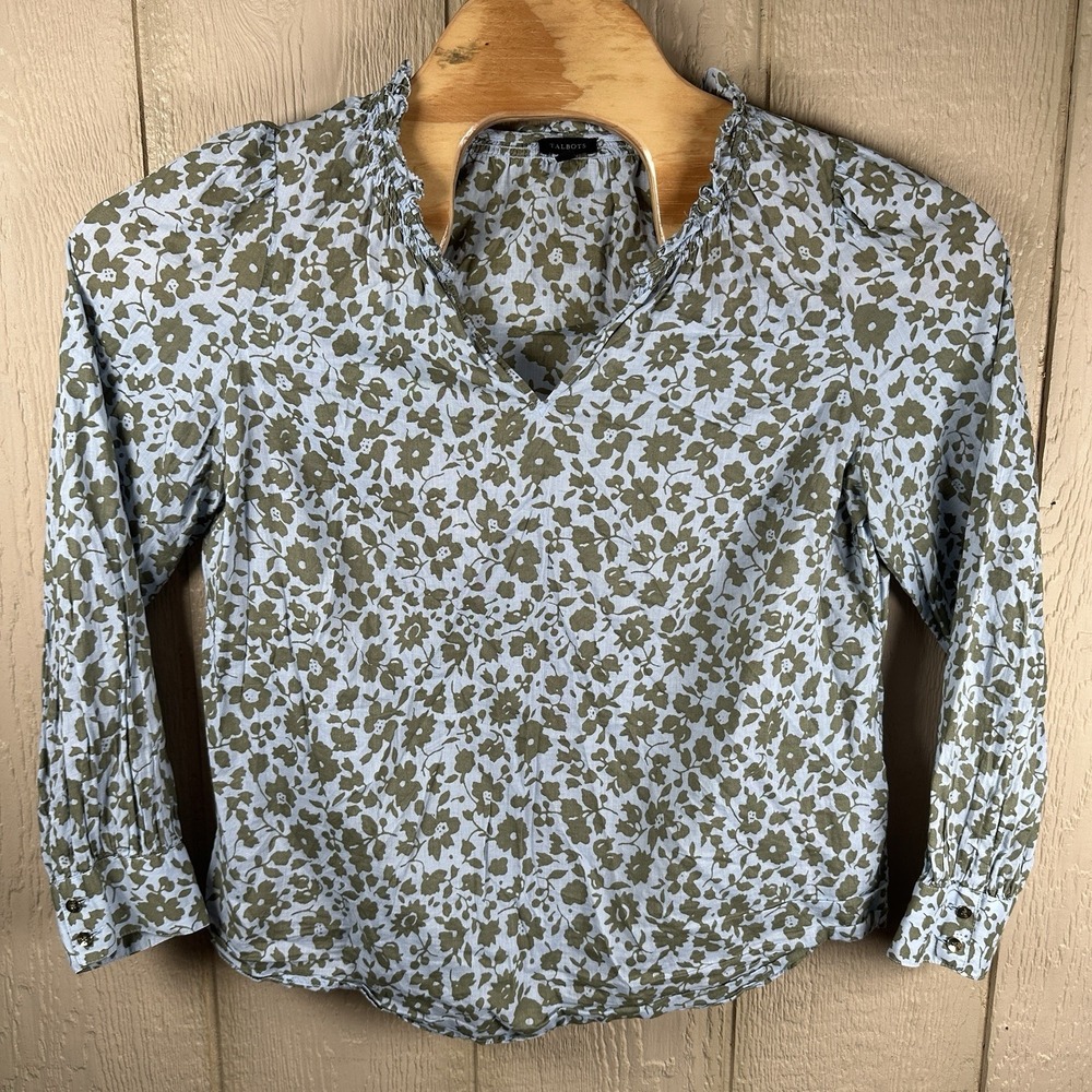 Talbots Cotton Popover Top Large Blue Sage Green Floral Ruffle Trim Long Sleeve
